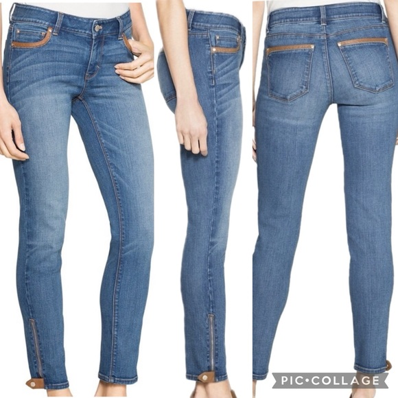 White House Black Market Vegan Leather Tipped Cropped Ankle Zip Skimmer Jeans - Picture 4 of 16